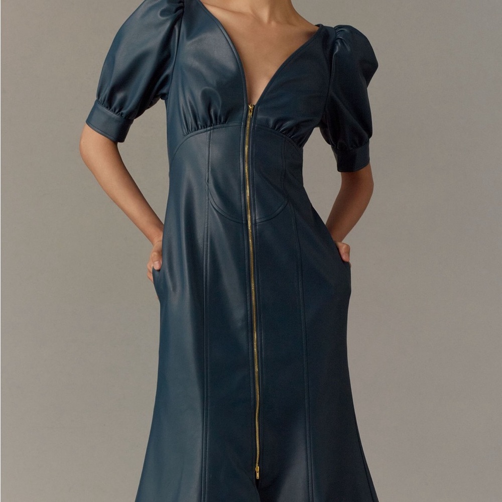 Anthropologie Deep Blue Midi Dress with Puff Sleeves